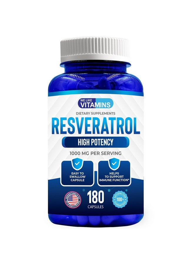 We Like Vitamins Resveratrol 1000mg per Serving - 180 Easy to Swallow Veggie Capsules - Natural Resveratrol Supplement 1000mg - Antioxidant Supplement Helps Support Anti-Aging and Immune System - Image 1