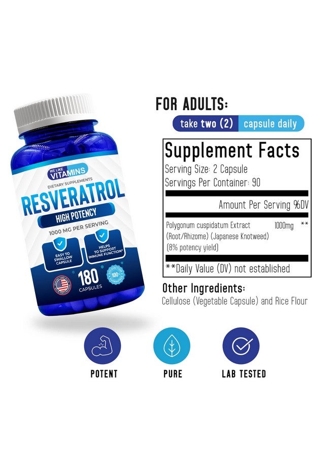 We Like Vitamins Resveratrol 1000mg per Serving - 180 Easy to Swallow Veggie Capsules - Natural Resveratrol Supplement 1000mg - Antioxidant Supplement Helps Support Anti-Aging and Immune System - Image 2