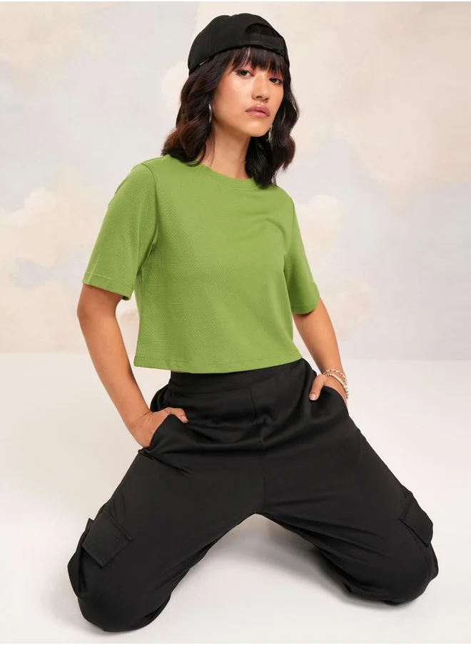 Tokyo Talkies Solid Round Neck Crop Top