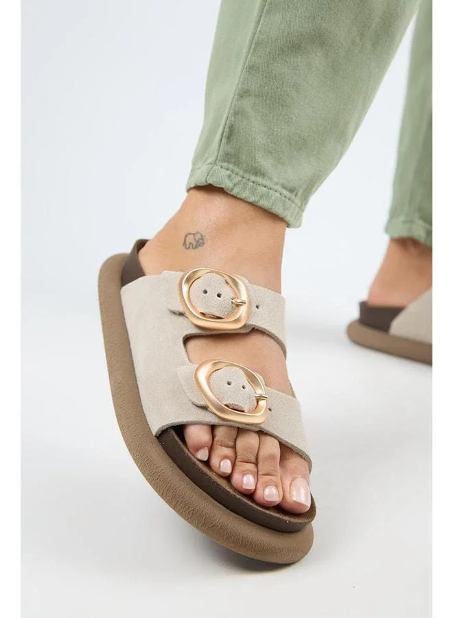 Narducci Women's Genuine Leather Double Buckle Beige Slippers.
