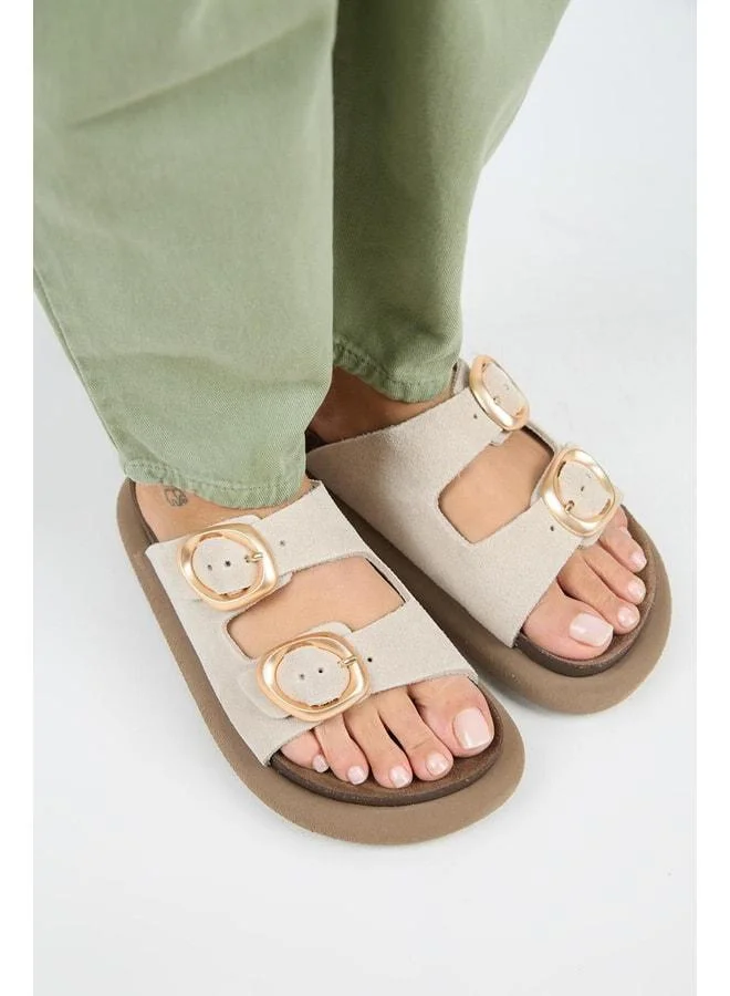 Manijero  Narducci Women's Genuine Leather Double Buckle Beige Slippers. for Women | Best Price UAE
