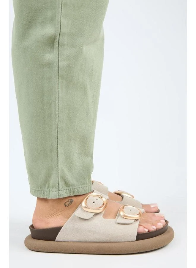 Manijero  Narducci Women's Genuine Leather Double Buckle Beige Slippers. for Women | Best Price UAE