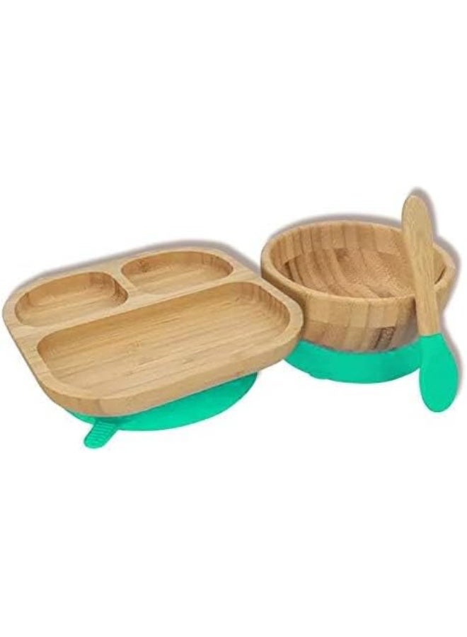 Youkoo kitchen Baby Toddler Stay Put Dish, Kids Suction Plate & Bowl, Bamboo Cute Dinnerware (Green Set) - Image 2