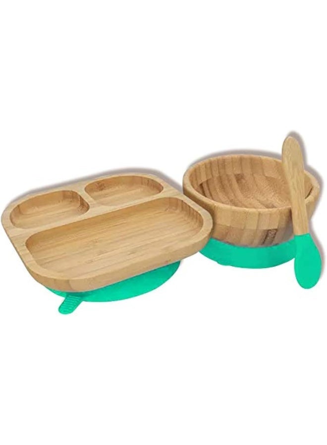 Youkoo kitchen Baby Toddler Stay Put Dish, Kids Suction Plate & Bowl, Bamboo Cute Dinnerware (Green Set) - Image 1