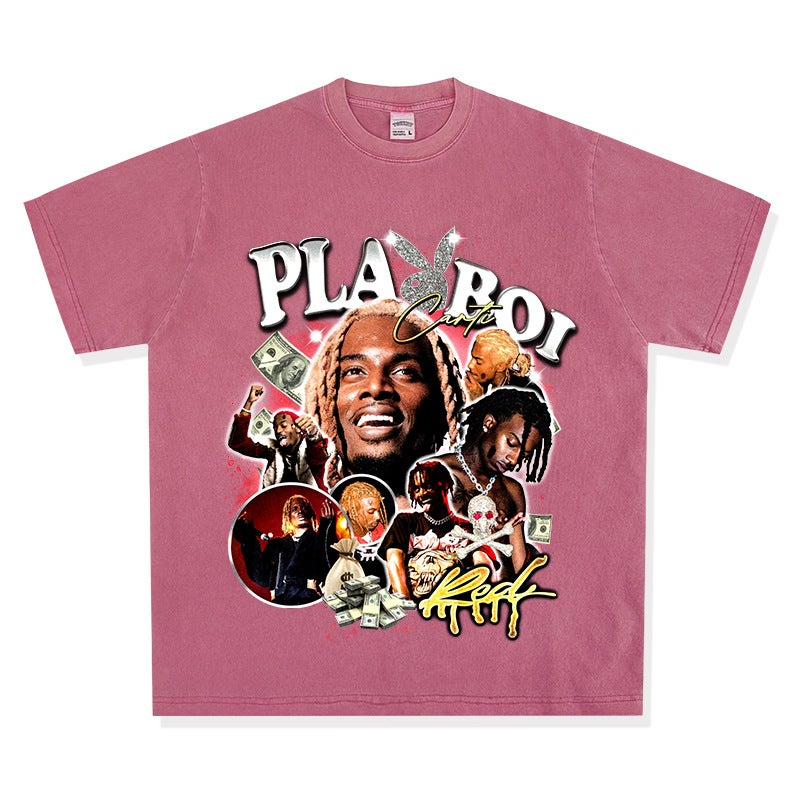 Playboi Carti Printed Hip Hop Rap Short Sleeve T-Shirt American Retro Vintage Heavy Cotton Top - Image 1