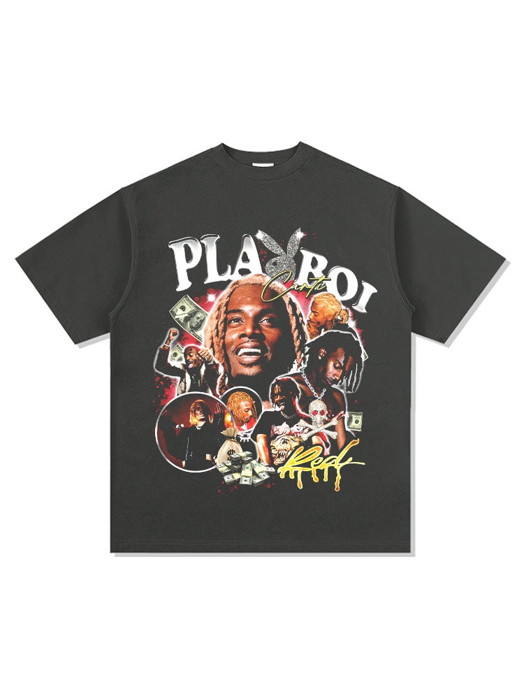 Playboi Carti Printed Hip Hop Rap Short Sleeve T-Shirt American Retro Vintage Heavy Cotton Top - Image 5