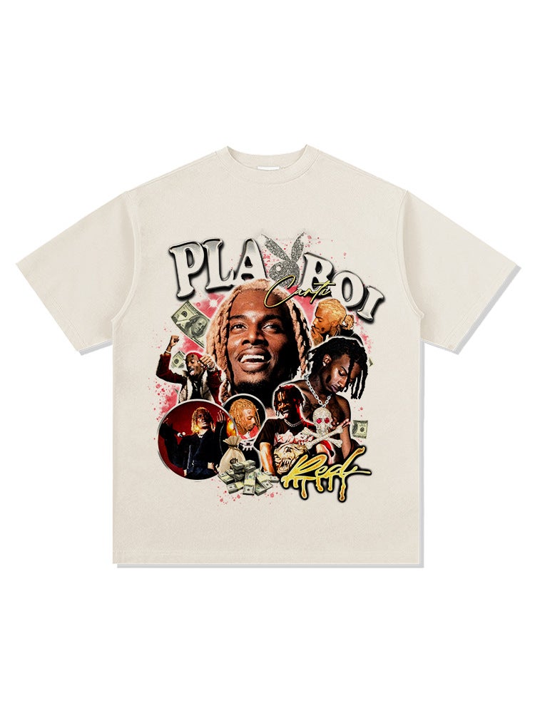 Playboi Carti Printed Hip Hop Rap Short Sleeve T-Shirt American Retro Vintage Heavy Cotton Top - Image 4