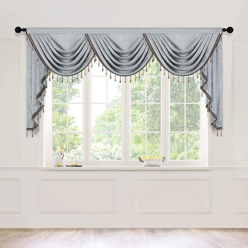 ELKCA Thick Chenille Window Curtains Valance for Living Room Silver Grey Valance with Beads for BedroomRod Pocket W79inch1 Panel