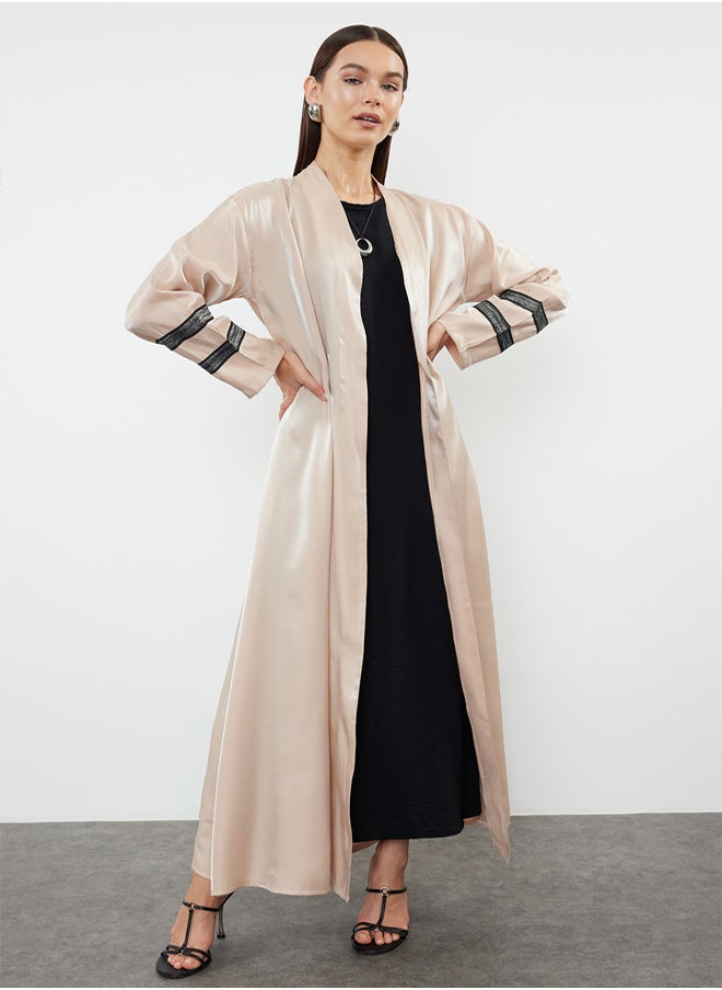 trendyol Beige Embroidered Shiny Long Woven Cap & Abaya & Abaya TCTSS24KF00004  - Image 2