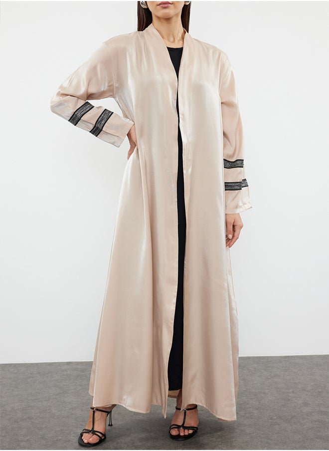 trendyol Beige Embroidered Shiny Long Woven Cap & Abaya & Abaya TCTSS24KF00004  - Image 3