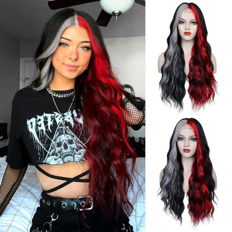 WECAN Black Red Gray Wig 28 Inches Long Black Red Wavy Wigs For Women Synthetic Hair Replacement Wigs Halloween Cosplay Daily Party HeatResistant Fiber Wig blackredgray
