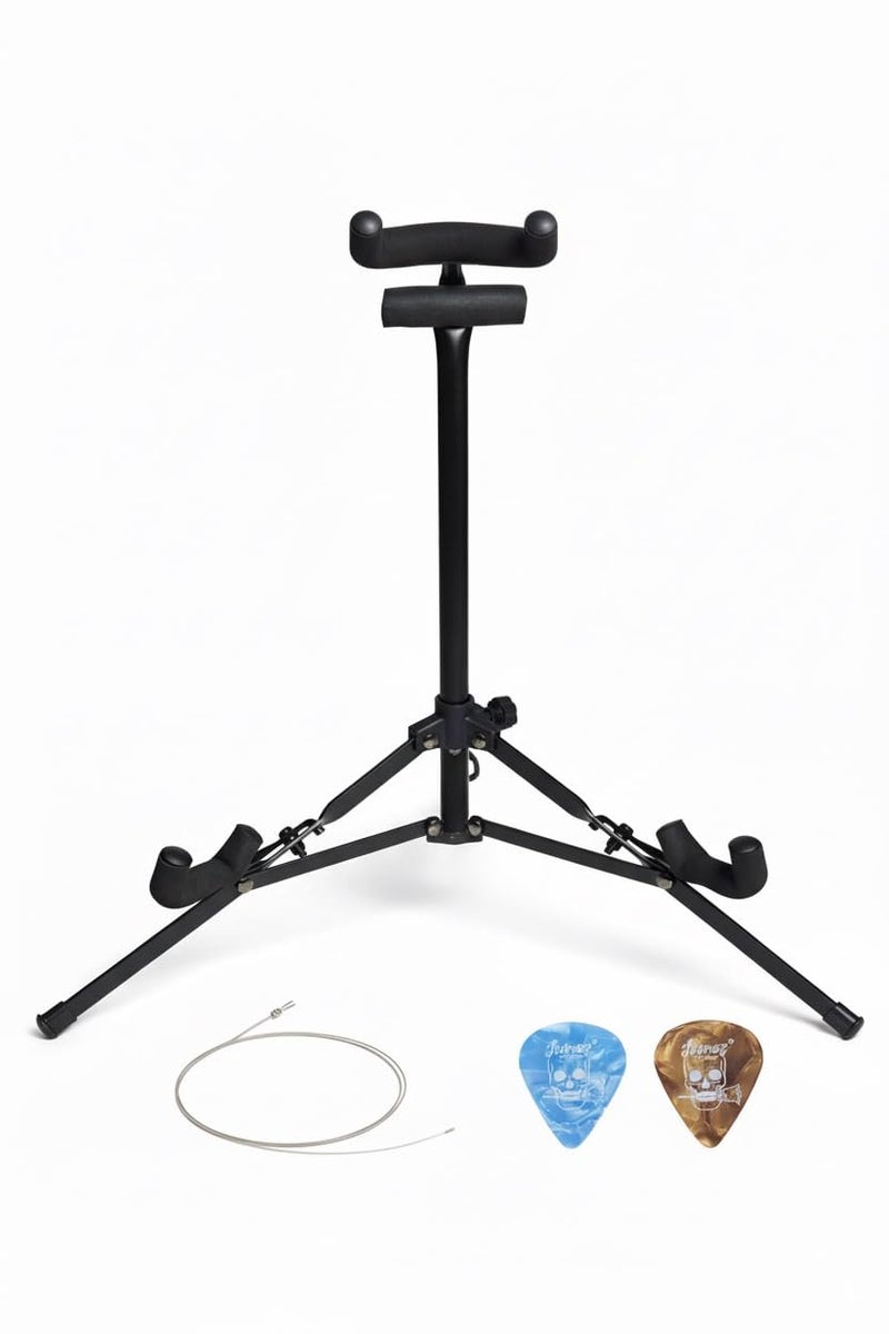 Juârez JRZ150 Mini Foldable Compact Vertical Floor Guitar Stand Tripod for Acoustic/Electric Guitars, Violin, Ukulele with 2 Picks, 1 x E 1st String, Black
