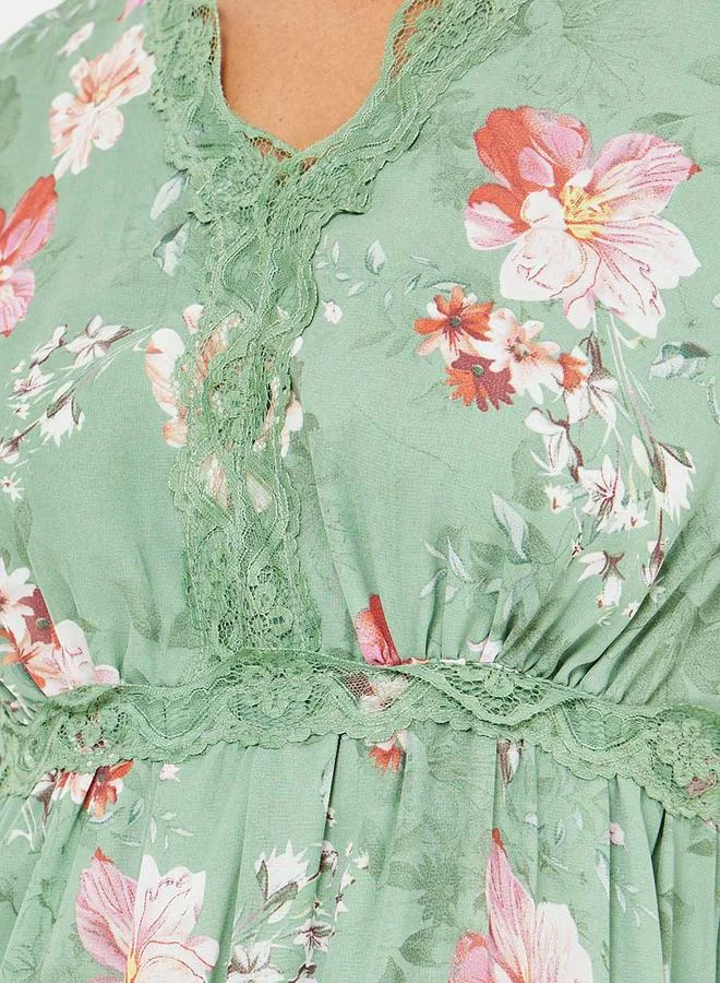 ستايلي Floral Print Lace Insert Tiered Midi Dress