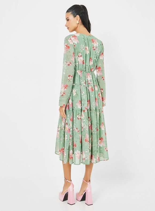 ستايلي Floral Print Lace Insert Tiered Midi Dress