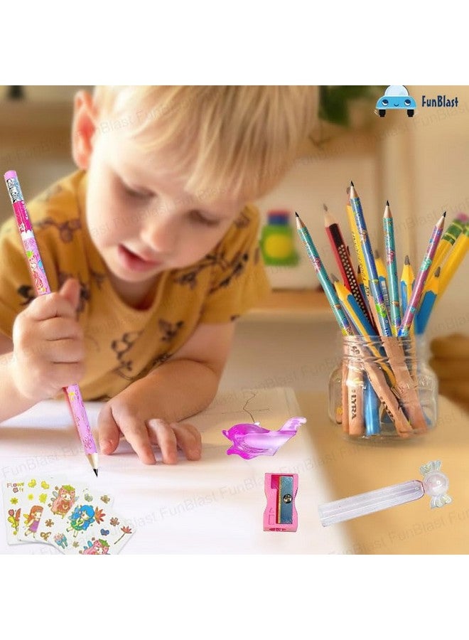 FunBlast FunBlast Flower Fairy Pencil Set - 8 Pcs Pencils with 12 Kawaii Stickers, Sharpener, Erasers and Pencil Cap for Kids, Boys and Girls, Kawaii Stationary Set, Birthday Return Gift Stationary Set (Pink)  - Image 5