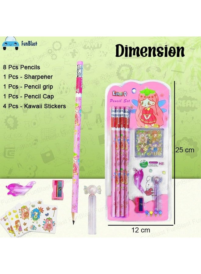 FunBlast FunBlast Flower Fairy Pencil Set - 8 Pcs Pencils with 12 Kawaii Stickers, Sharpener, Erasers and Pencil Cap for Kids, Boys and Girls, Kawaii Stationary Set, Birthday Return Gift Stationary Set (Pink)  - Image 2