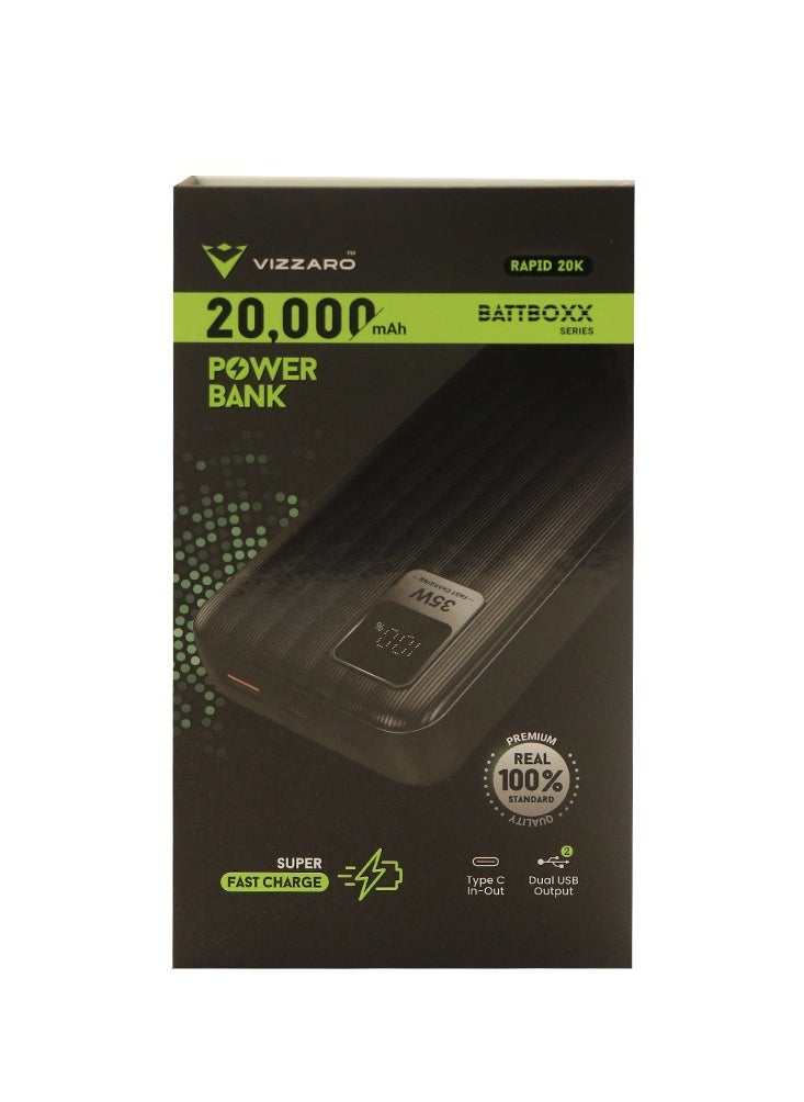 Vizzaro - 20000 mAh Fast Charging Power Bank With LED Digital Display 1 USB C and 2 USB A Ports Charge up to 3 devices Works With Iphone Android and All other Devices - Black - Image 1