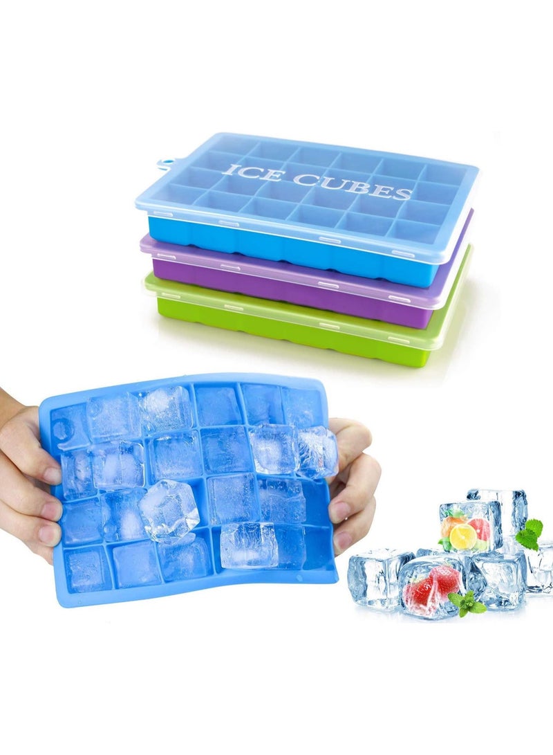 صواني مكعبات الثلج 3 قطع، صينية ثلج من السيليكون مع غطاء قابل للإزالة، قوالب مكعبات ثلج مرنة وسهلة الإزالة، 24 مكعب لكل صينية للمشروبات الكوكتيل، طعام الأطفال، والشوكولاتة. - Image 1