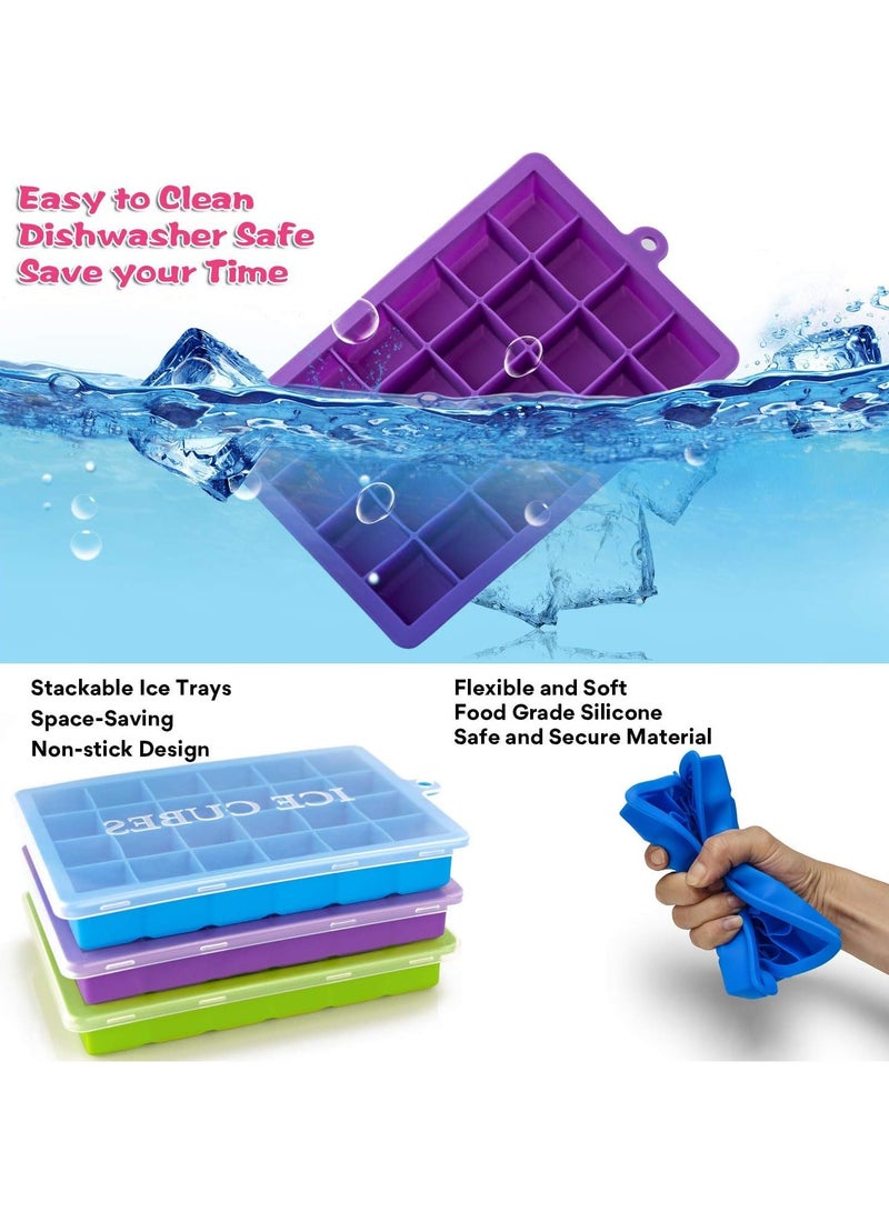 صواني مكعبات الثلج 3 قطع، صينية ثلج من السيليكون مع غطاء قابل للإزالة، قوالب مكعبات ثلج مرنة وسهلة الإزالة، 24 مكعب لكل صينية للمشروبات الكوكتيل، طعام الأطفال، والشوكولاتة. - Image 2