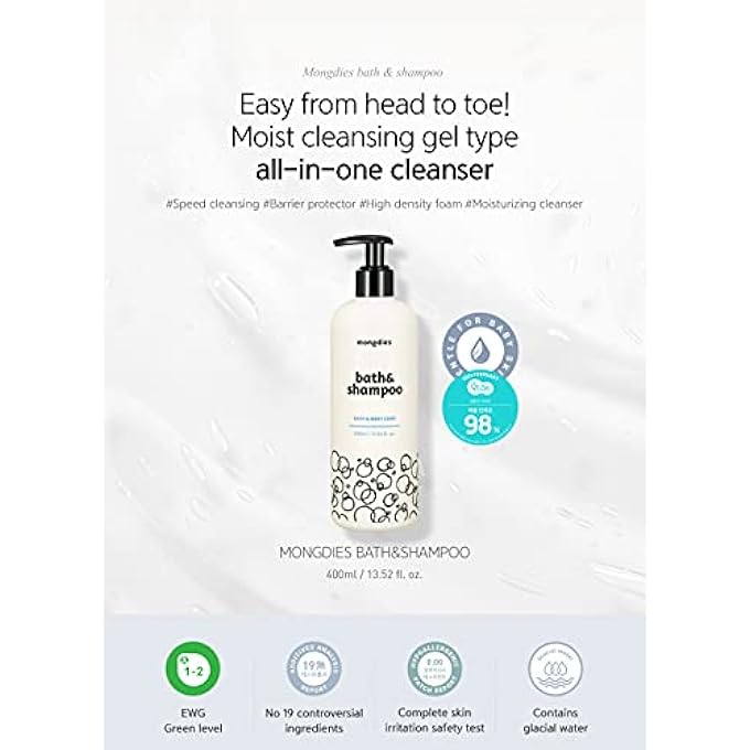 Mongdies BABY BATH&SHAMPOO-MOISTURIZING & HYDRATING SOLUTIONS FOR SENSITIVE AND DELICATE SKIN, EXCELLENT GRADE IN GERMAN DERMA TEST, ALL INGREDIENTS OF EWG GREEN LEVEL, NATURAL FRAGRANCE -400ML - Image 3