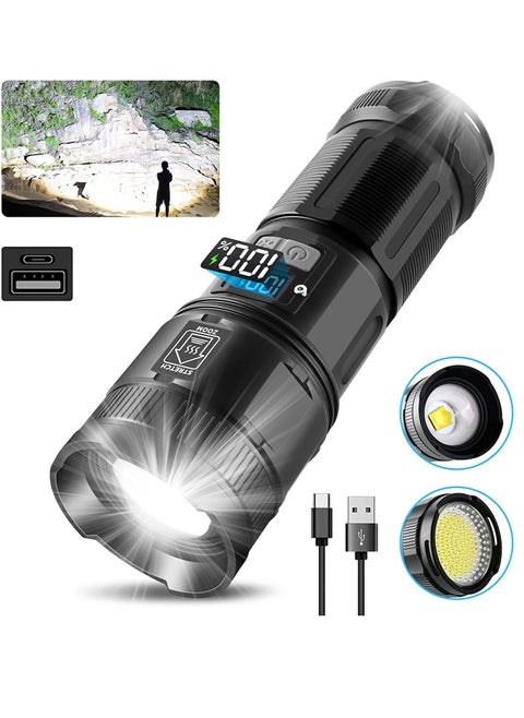 Flashlights High Lumens Rechargeable, 12000 Lumens Super Bright Led Flashlight with COB Work Light, Powerful Flash Light, High Powered Handheld Tactical Flashlights for Emergencies Camping Hiking Gift
