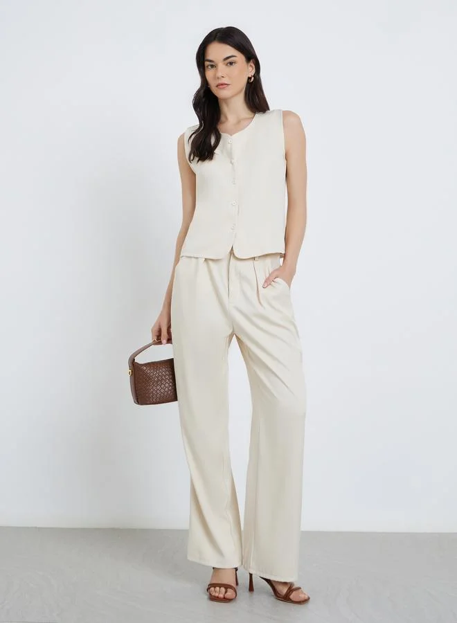 تايك تو Take Two Solid Sleeveless Buttoned Top and Pant Co-Ords