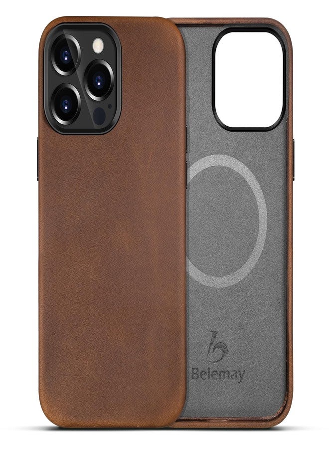 Belemay Compatible with iPhone 14 Pro Max Leather Case with Magsafe - Top Grain Vintage Crazy Horse Leather - Metal Buttons & Camera Bezel - Slim Fit - Premium Phone Cover (6.7-inch)-Retro Brown - Image 1