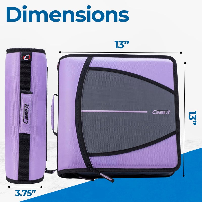 Case it Case-it Mighty Zip Tab School Zipper Binder | 3-Inch O-Rings, 600-Sheet Capacity, 5-Subject Expanding File Folder, Multiple Pockets & Storage Organizer, Shoulder Strap | D-146 Lavender - Image 2