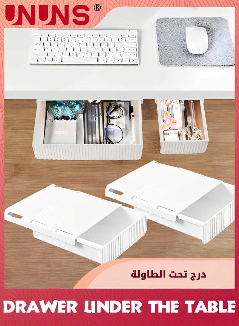 UNUNS 2 Pack Under Desk Drawer,Under Desk Storage,Under Desk Organizer,Hidden Self-Adhesive Desk Drawer Slide-out,Stick on Desk Drawer White,Under Mount Drawer For Office Classroom Home - Image 1