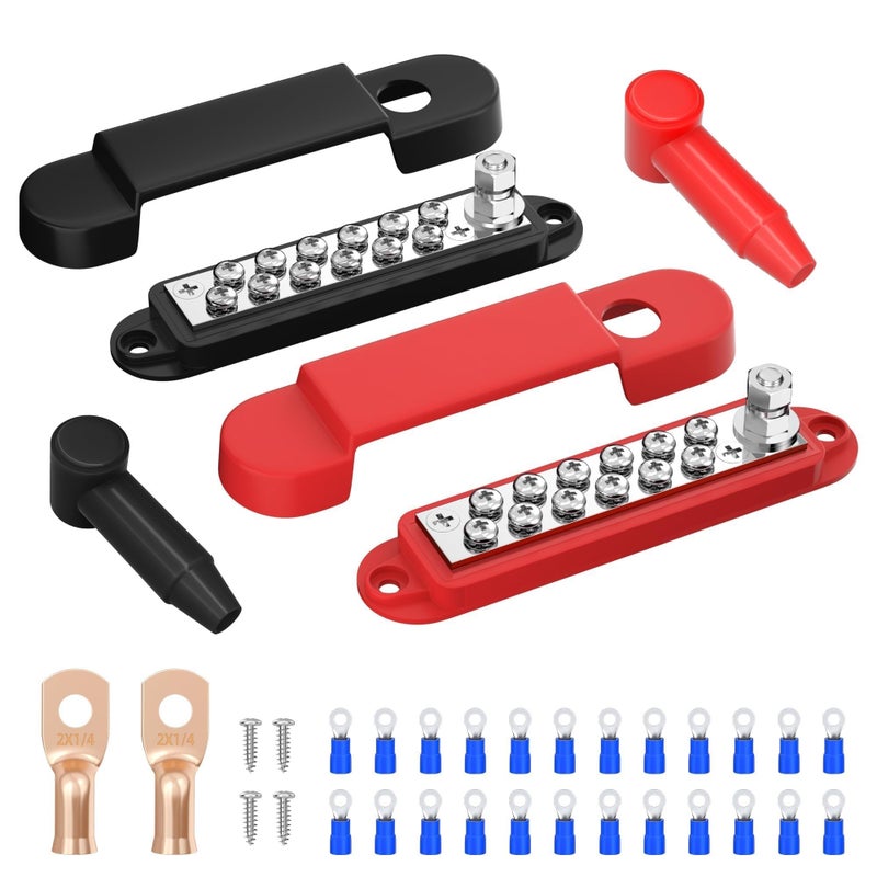 2PCS Bus Bar 12V 150A Power Distribution Block 1/4" Terminal Studs M4 Terminal Screws 12 Volt Bus Bar with Cover 12V Battery Busbar for Marine Boat Automotive Solar Wiring - Image 1