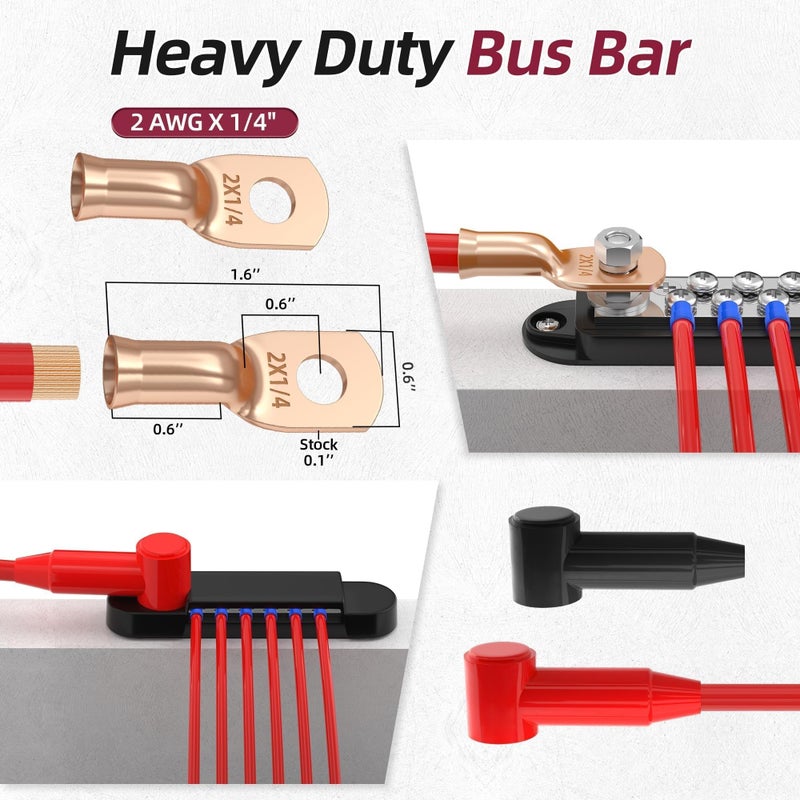 2PCS Bus Bar 12V 150A Power Distribution Block 1/4" Terminal Studs M4 Terminal Screws 12 Volt Bus Bar with Cover 12V Battery Busbar for Marine Boat Automotive Solar Wiring - Image 3