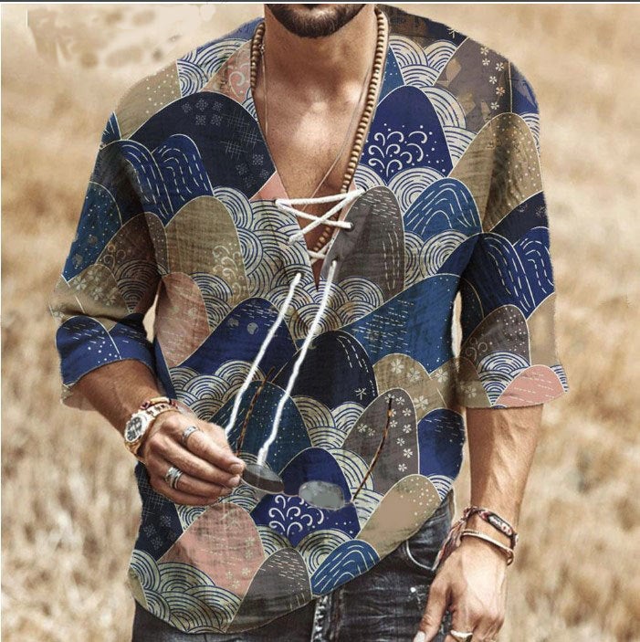 2022 New Wish Popular Men'S Chest Lace-Up Corns Half Sleeve T-Shirt Printed Shirt - Image 5