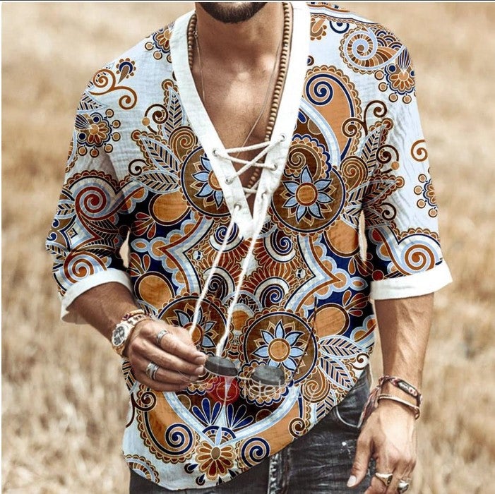 2022 New Wish Popular Men'S Chest Lace-Up Corns Half Sleeve T-Shirt Printed Shirt - Image 2