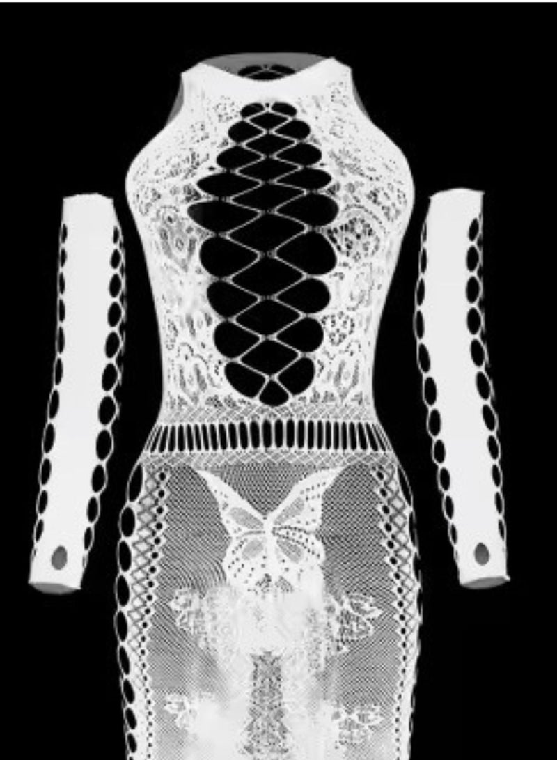 Remy Belle Remy Belle Women White Fishnet Long Sleeve Bodystocking (White, One size) 