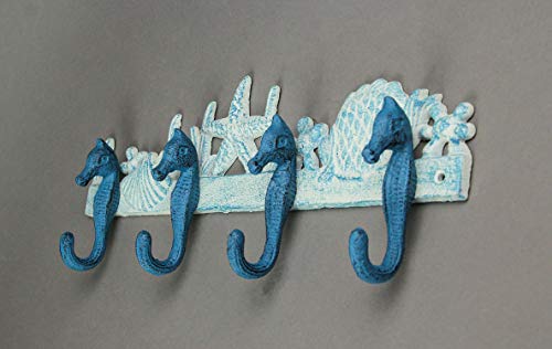Zeckos Enchanting Blue and White Cast Iron Seahorse Nautical Sea Life Decorative Wall Hook, Towel Hanger or Coat Rack - Perfect Beach Home and Coastal Accent - Image 2