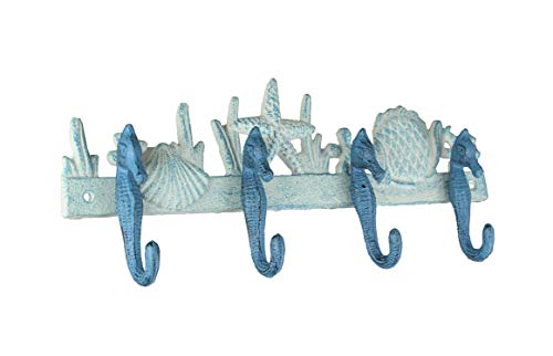 Zeckos Enchanting Blue and White Cast Iron Seahorse Nautical Sea Life Decorative Wall Hook, Towel Hanger or Coat Rack - Perfect Beach Home and Coastal Accent - Image 1