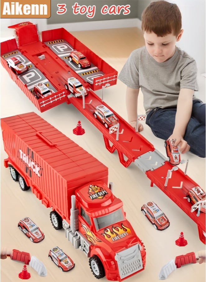 أيكين ألعاب شاحنة نقل للأطفال، مضمار سباق وسيارة طرد، لعبة شاحنة حاوية، شاحنة كبيرة قابلة للطي لتخزين السيارات المصنوعة من سبائك السباق، شاحنة نقل بالقصور الذاتي، 3 سيارات معدنية ومجموعة نقل تخزين قابلة للطي، لعبة سيارة للأطفال الصغار هدية للأولاد والبنات (أحمر) - Image 1