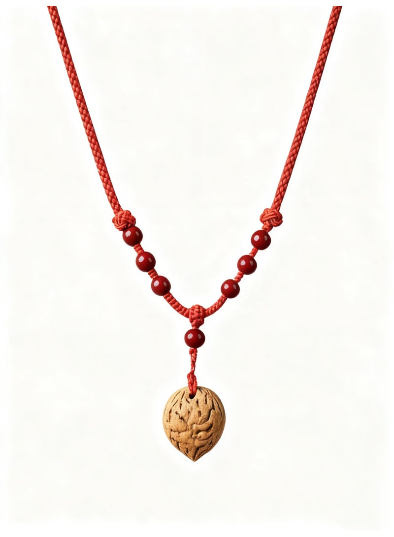تشوميل قلادة مصنوعة يدويًا من حبل أحمر مضفر محظوظ مع قلادة من بذور الخوخ الطبيعية وخرز - Image 1