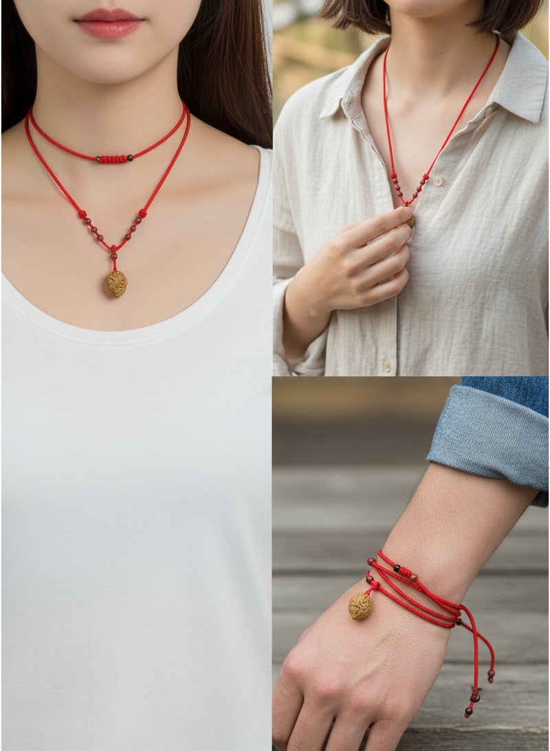 تشوميل قلادة مصنوعة يدويًا من حبل أحمر مضفر محظوظ مع قلادة من بذور الخوخ الطبيعية وخرز - Image 3