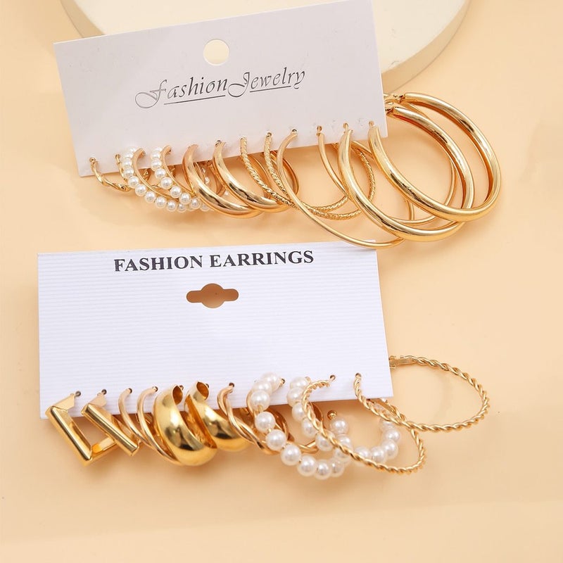 ofeankri European and American Style Alloy Hoop Square Earrings Set - 6 Pairs, Simple Retro Pearl Earrings, Hepburn Style Ear Accessories Wholesale - Image 2