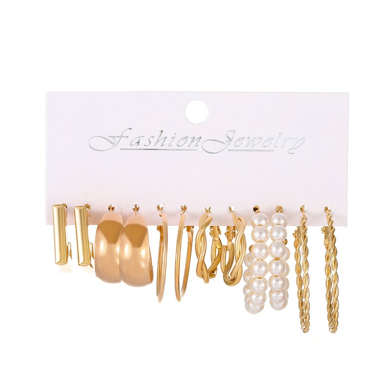 ofeankri European and American Style Alloy Hoop Square Earrings Set - 6 Pairs, Simple Retro Pearl Earrings, Hepburn Style Ear Accessories Wholesale - Image 5