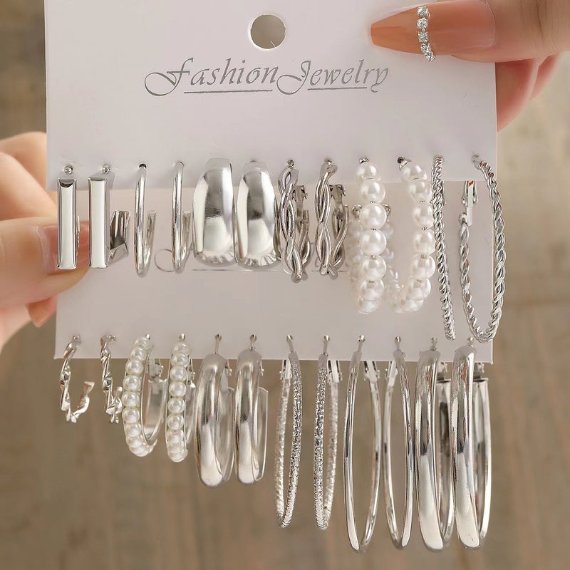 ofeankri European and American Style Alloy Hoop Square Earrings Set - 6 Pairs, Simple Retro Pearl Earrings, Hepburn Style Ear Accessories Wholesale - Image 1