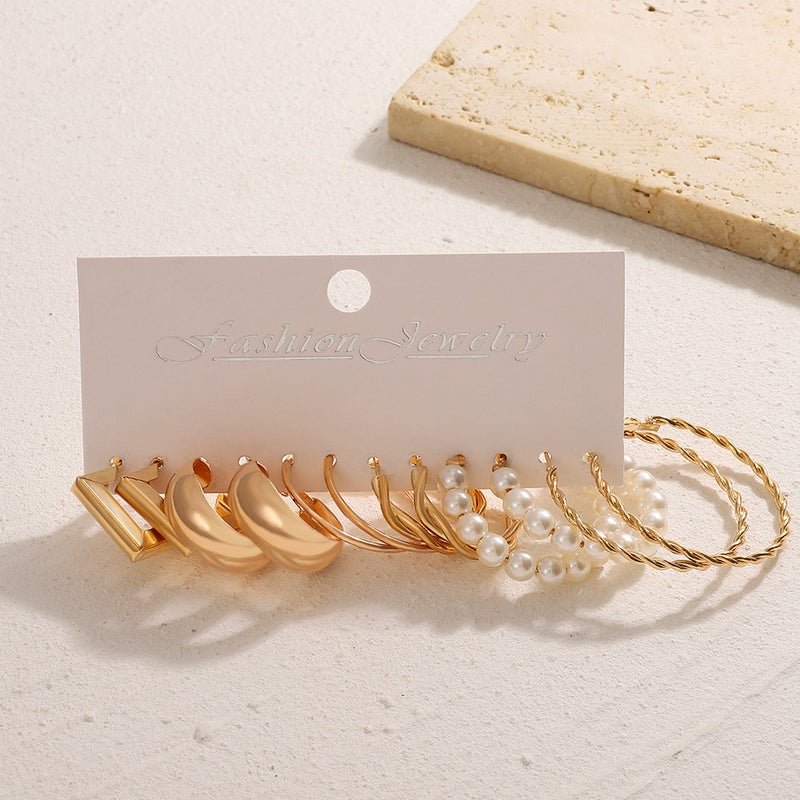 ofeankri European and American Style Alloy Hoop Square Earrings Set - 6 Pairs, Simple Retro Pearl Earrings, Hepburn Style Ear Accessories Wholesale - Image 3