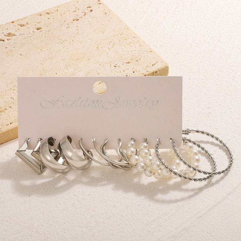 ofeankri European and American Style Alloy Hoop Square Earrings Set - 6 Pairs, Simple Retro Pearl Earrings, Hepburn Style Ear Accessories Wholesale - Image 4