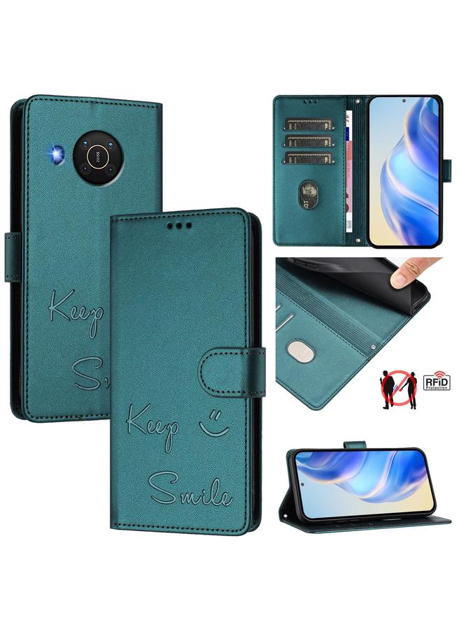 زبون جراب جلدي لهاتف Nokia X20 / X10 Smile Embossing RFID (أخضر طاووس)