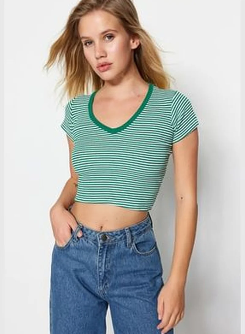 trendyol Green Stripe-White Plain 2-Pack Fitted V-Neck Crop Corduroy Knitted Blouse TWOSS23BZ00389