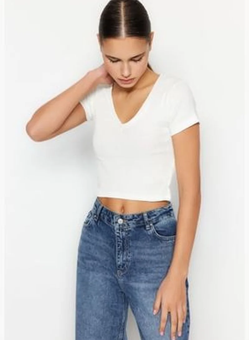 trendyol Green Stripe-White Plain 2-Pack Fitted V-Neck Crop Corduroy Knitted Blouse TWOSS23BZ00389