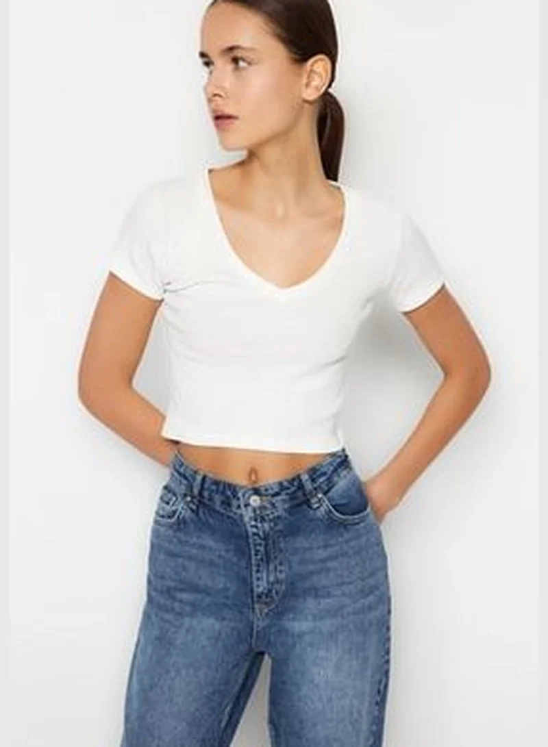 trendyol Green Stripe-White Plain 2-Pack Fitted V-Neck Crop Corduroy Knitted Blouse TWOSS23BZ00389