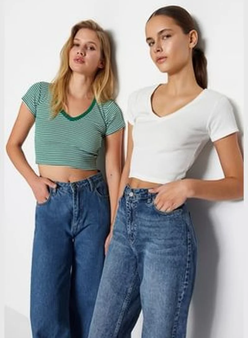 trendyol Green Stripe-White Plain 2-Pack Fitted V-Neck Crop Corduroy Knitted Blouse TWOSS23BZ00389