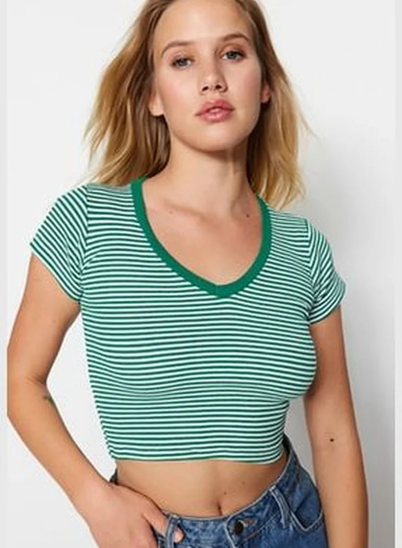 trendyol Green Stripe-White Plain 2-Pack Fitted V-Neck Crop Corduroy Knitted Blouse TWOSS23BZ00389